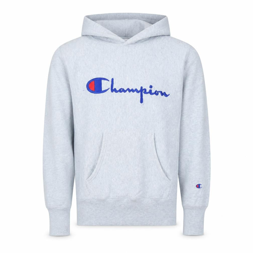 Front view of Champion Men’s Grey Small Reverse Weave Pullover Hoodie