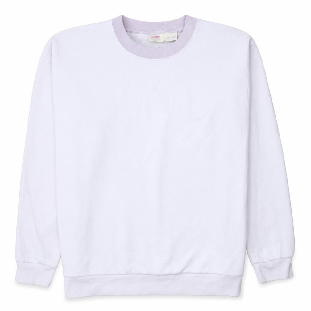 Front view of Levi's women’s white purple crew neck pullover sweatshirt m