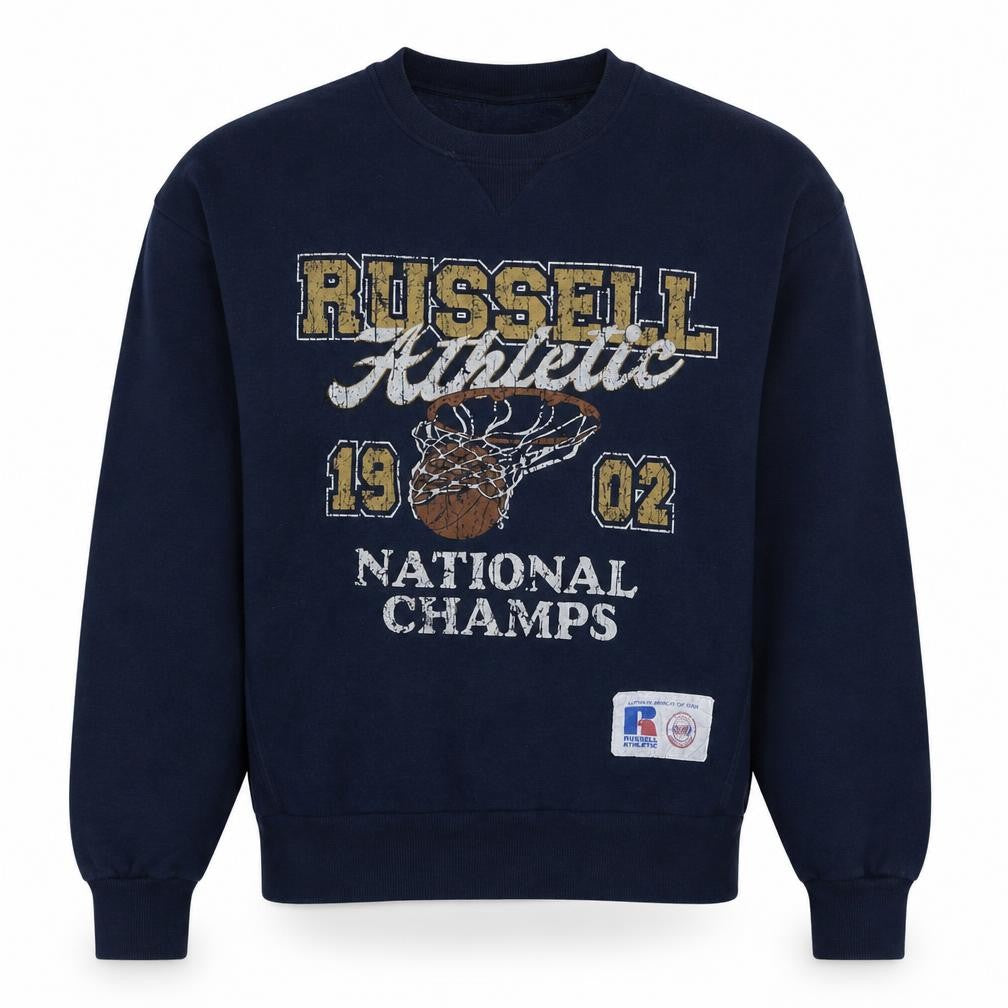 Front view of Russell Athletic Men's Blue XS Crew Neck Graphic Sweatshirt