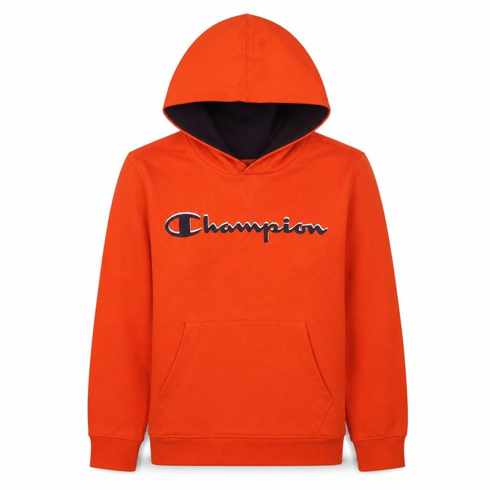 Front view of Champion boys’ orange pullover hoodie, size 11-12, years logo print