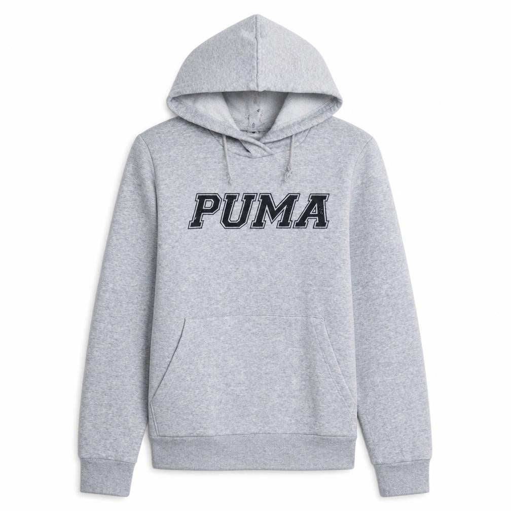 Front view of Puma women’s grey hooded pullover sweatshirt, size UK 12, logo print