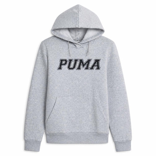 Front view of Puma women’s grey hooded pullover sweatshirt, size UK 12, logo print