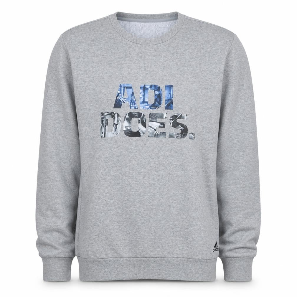 Front view of Adidas men’s grey l climalite pullover sweatshirt crew neck logo