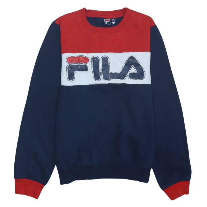 FILA Boys Blue Red Colourblock Sweatshirt 164cm Cotton Blend Logo Crew Neck