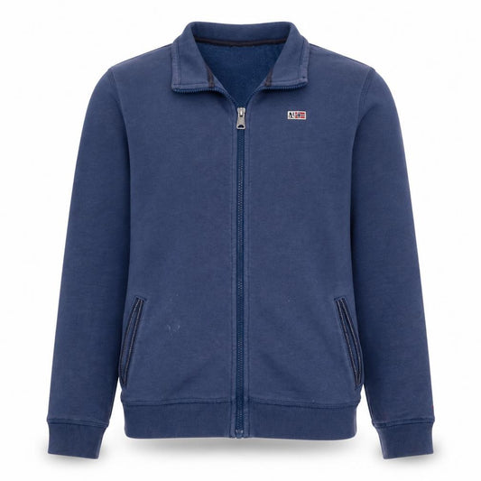 Front view of Napapijri men’s blue full zip sweatshirt, size L, logo outdoor
