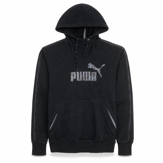Front view of Puma men’s black pullover hoodie logo fleece sweatshirt m