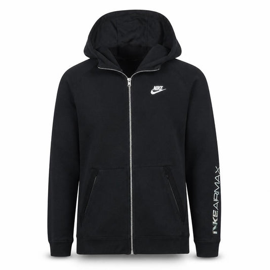 Front view of Nike men’s black full zip hooded fleece hoodie, size S