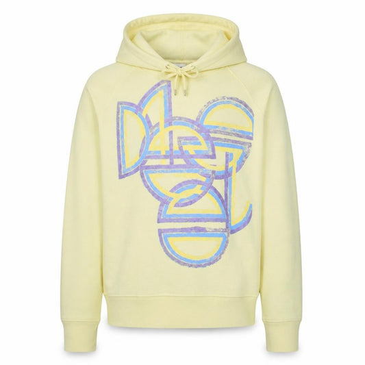 Front view of Diesel Men's Yellow Pullover Hoodie, size M, Graphic Print