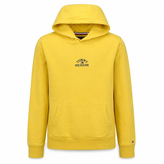 Front view of Tommy Hilfiger Men Yellow Small Pullover Hoodie Embroidered Logo