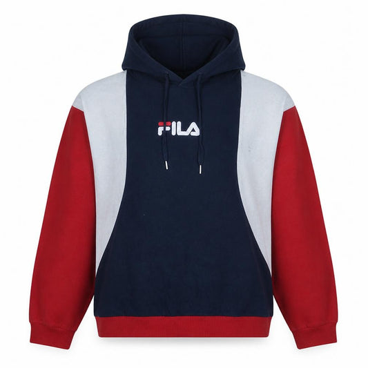 Front view of Fila Men's Blue Red White Pullover Hoodie, size M, Logo Sportswear