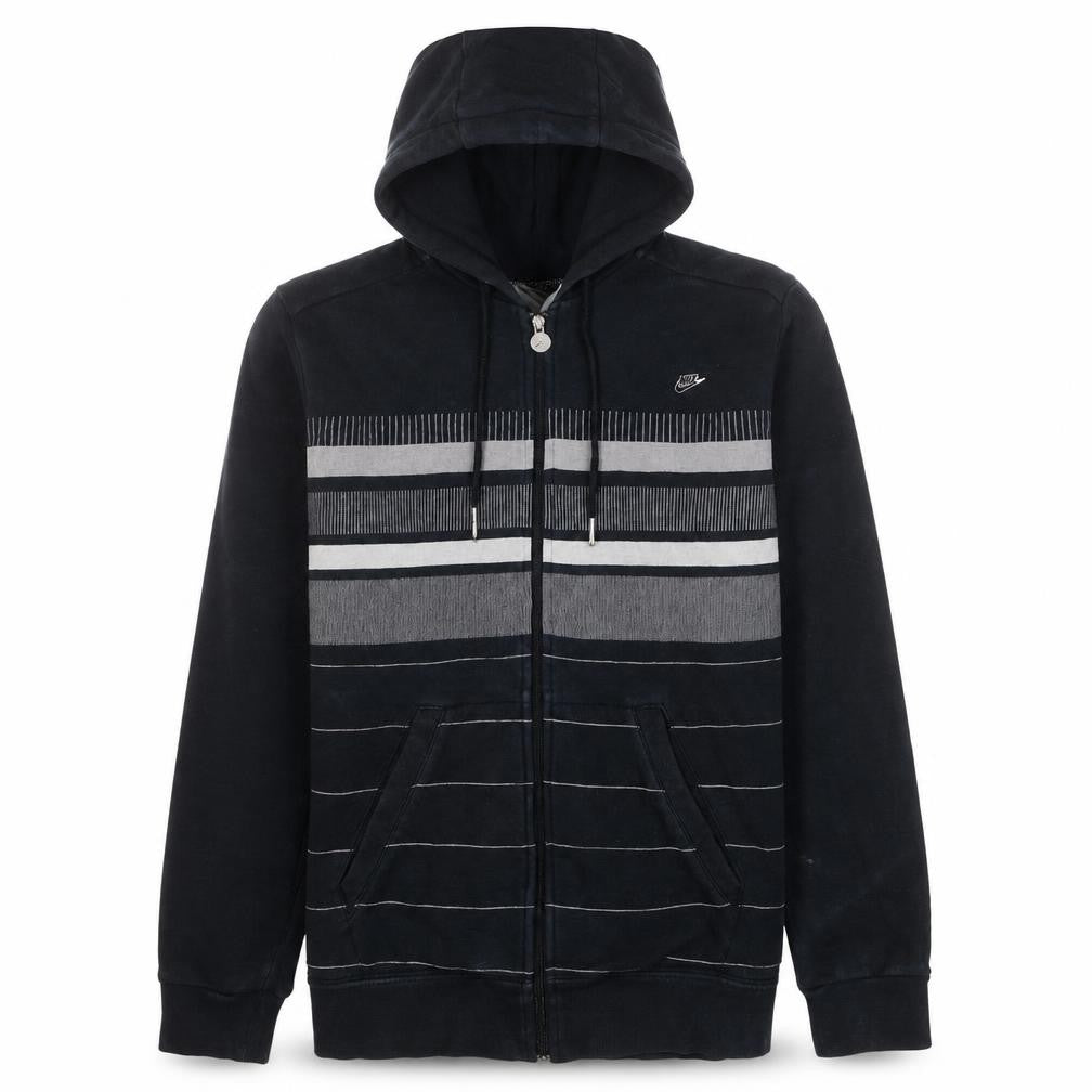 Front view of Nike men’s black striped full zip hoodie, size S, regular fit