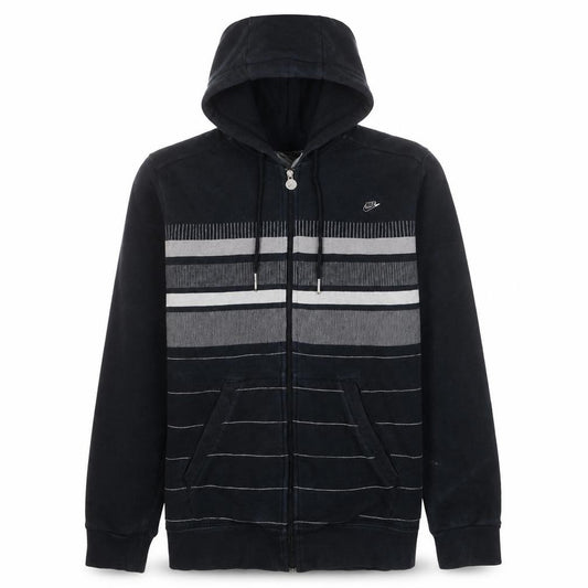 Front view of Nike men’s black striped full zip hoodie, size S, regular fit
