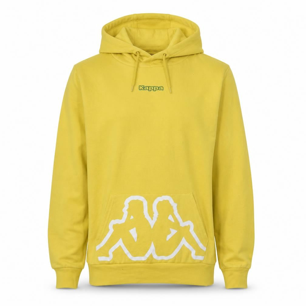 Front view of Kappa Men's Yellow Pullover Hoodie Small Logo Graphic Fleece