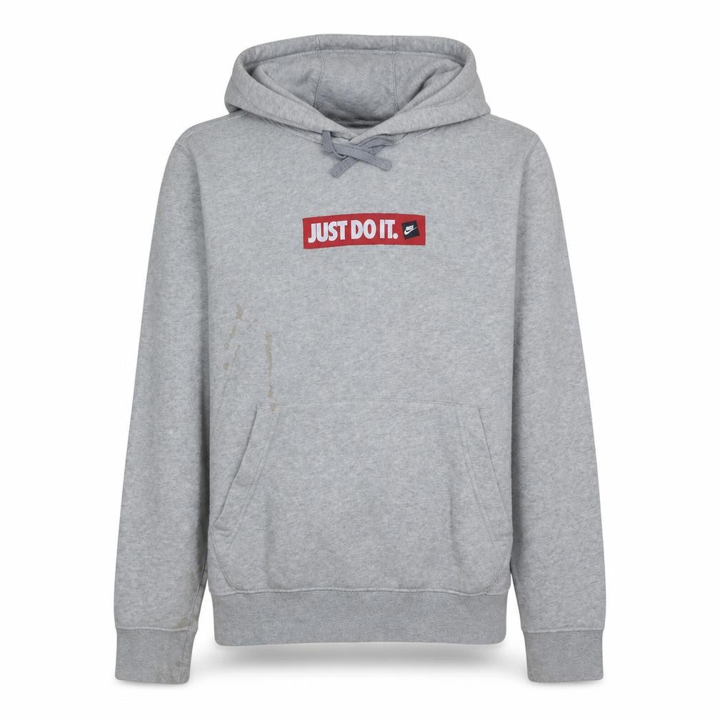 Front view of Nike Men’s Grey Pullover Hoodie Medium Just Do It Logo Fleece