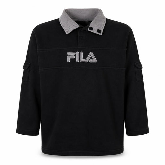 Front view of Fila men’s black collared henley sweatshirt m embroidered logo