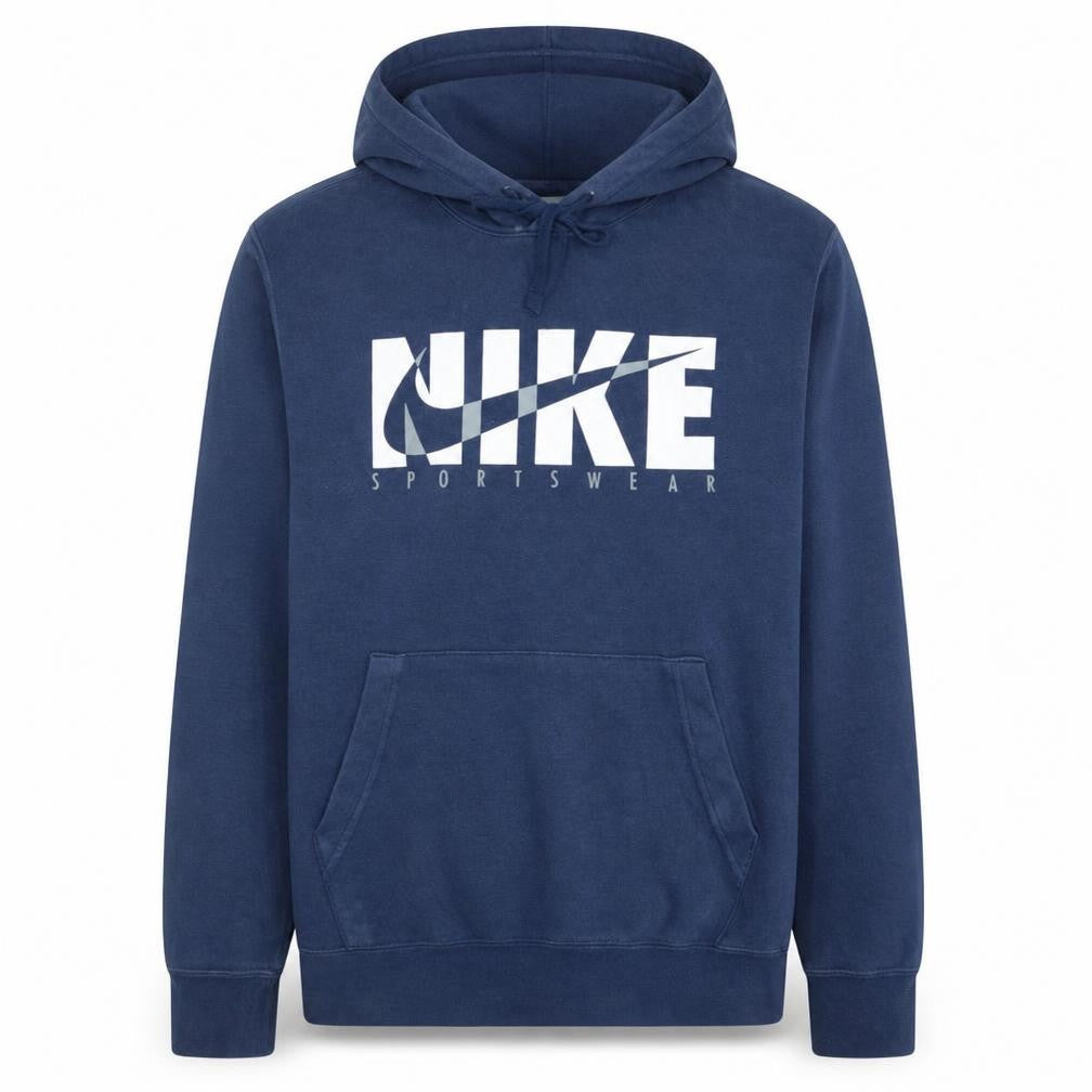 Front view of Nike Men's Blue Pullover Hoodie Small Tall Sportswear Logo