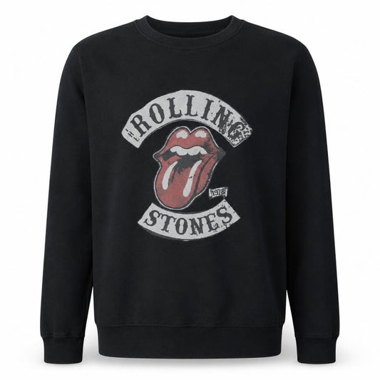 Front view of The Rolling Stones Men's Black Graphic Pullover Sweatshirt, size S