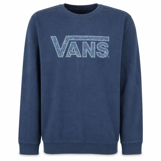 Front view of Vans men’s blue crew neck pullover sweatshirt, size L, graphic print