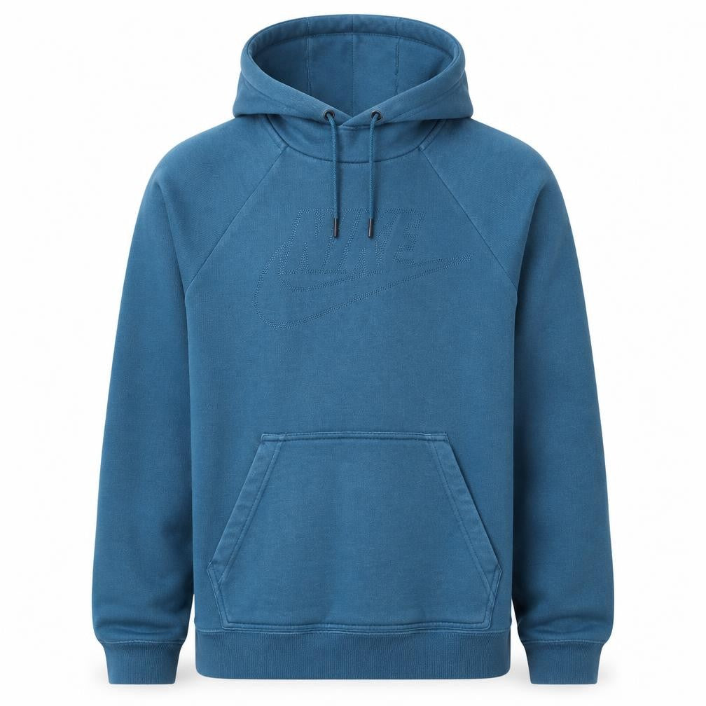 Front view of Nike Men's Blue Pullover Hoodie, size M, Regular Fit Cotton Blend
