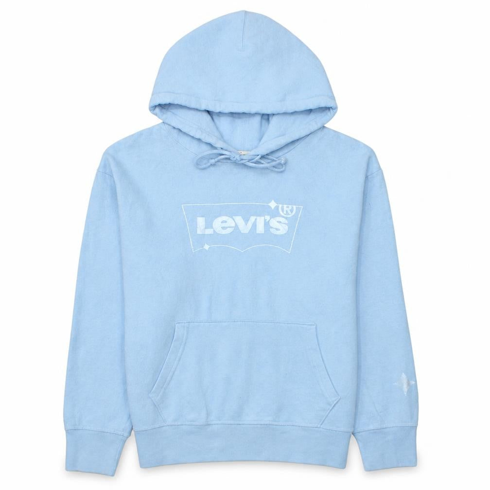 Front view of Levi's women’s light blue xs pullover hoodie with logo print