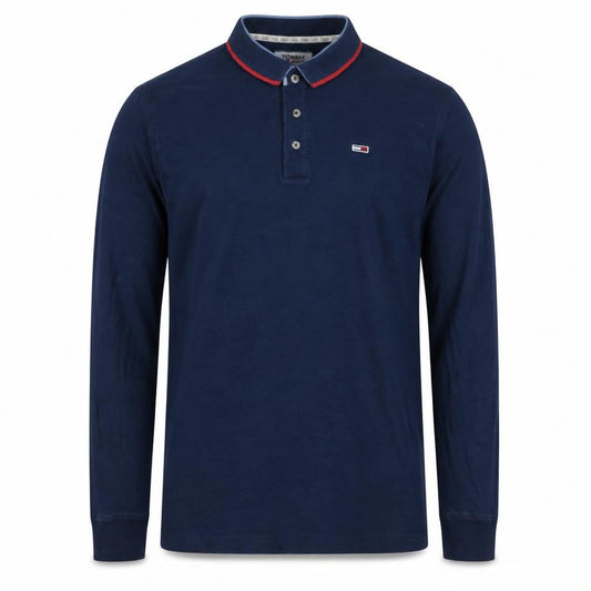 Front view of Tommy Jeans Men's Navy Long Sleeve Polo Shirt, size M