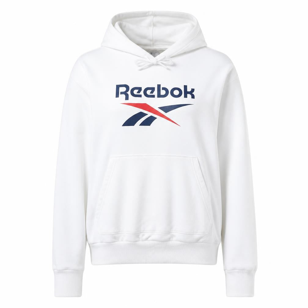 Front view of Reebok Women's White Large Pullover Hoodie with Logo Print