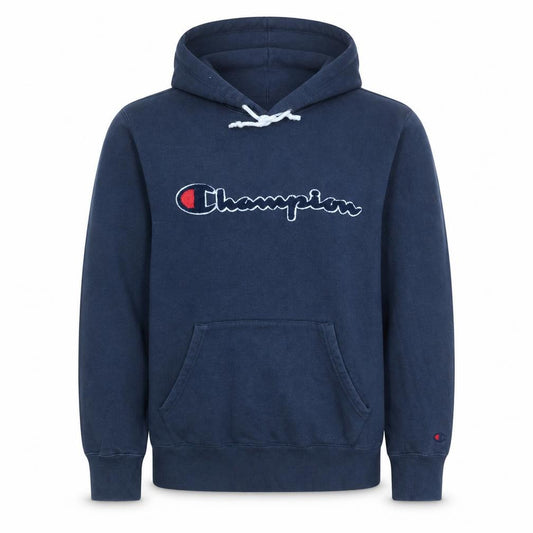 Front view of Champion Men's Blue Pullover Hoodie Large Embroidered Logo Cotton