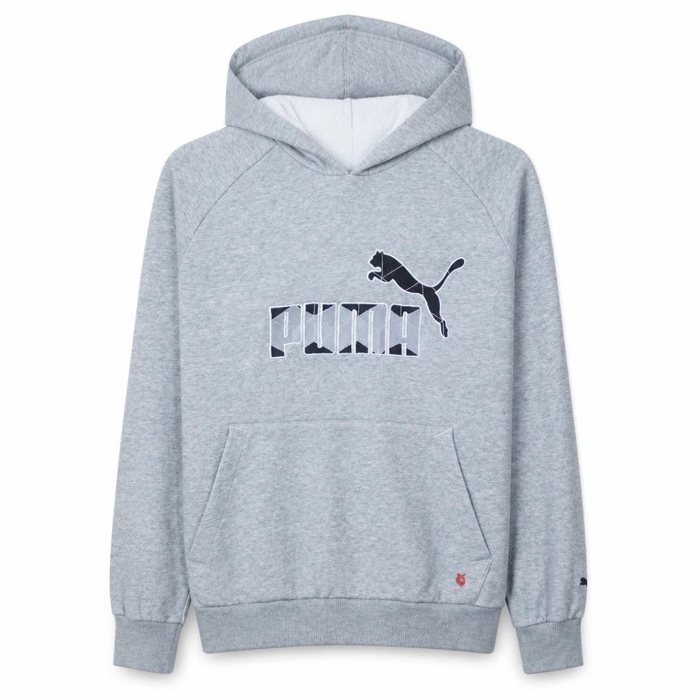 Front view of Puma Men's Grey Pullover Hoodie Small Graphic Logo Fleece Sweatshirt