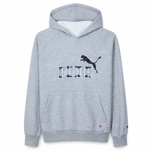 Front view of Puma Men's Grey Pullover Hoodie Small Graphic Logo Fleece Sweatshirt