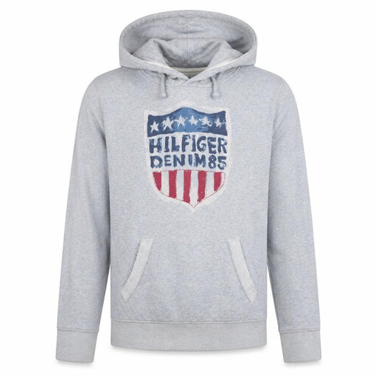 Front view of Tommy Hilfiger Denim Men's Grey Medium Pullover Hoodie with USA Graphic