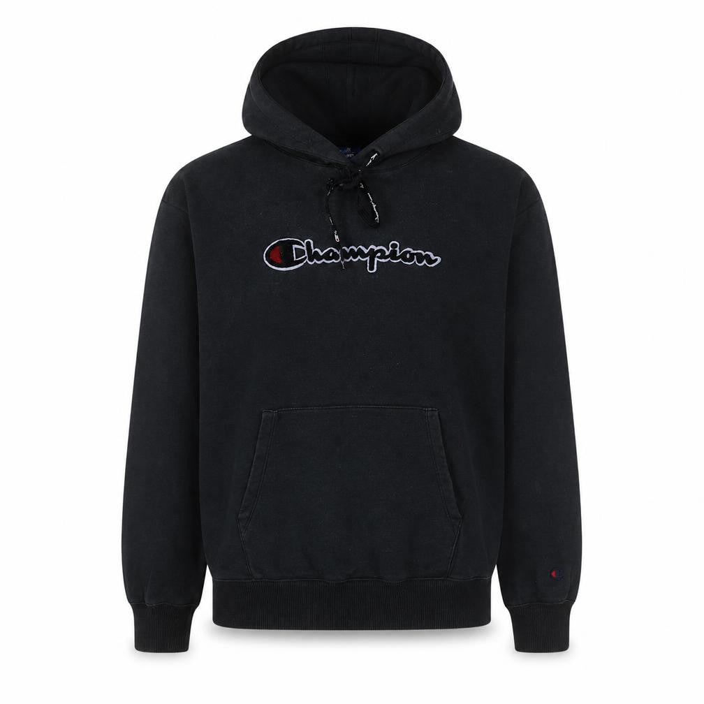 Front view of Champion Men's Black Pullover Hoodie Large Graphic Fleece Sweatshirt