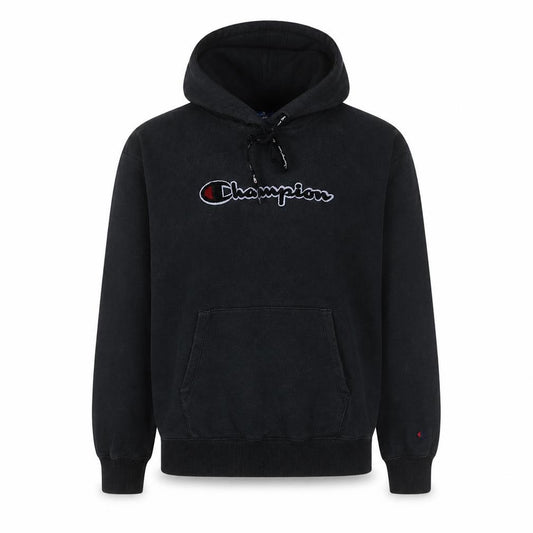Front view of Champion Men's Black Pullover Hoodie Large Graphic Fleece Sweatshirt