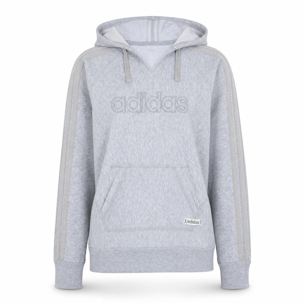 Front view of Adidas women’s grey hoodie, size M, pullover hooded sweatshirt