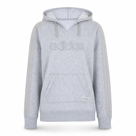 Front view of Adidas women’s grey hoodie, size M, pullover hooded sweatshirt