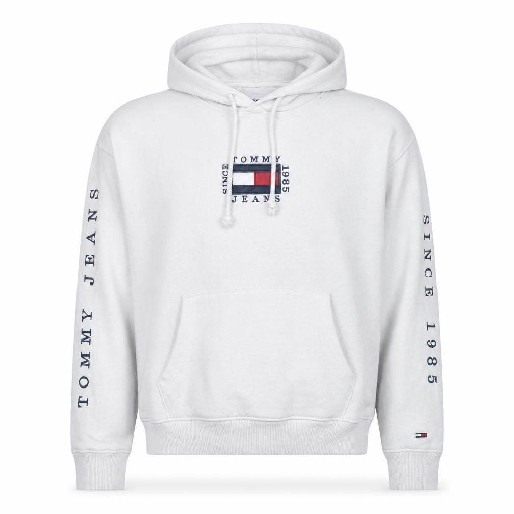 Front view of Tommy Jeans Men's White Hoodie M Pullover Graphic Logo Fleece