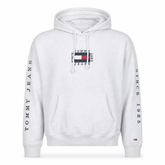 Front view of Tommy Jeans Men's White Hoodie M Pullover Graphic Logo Fleece