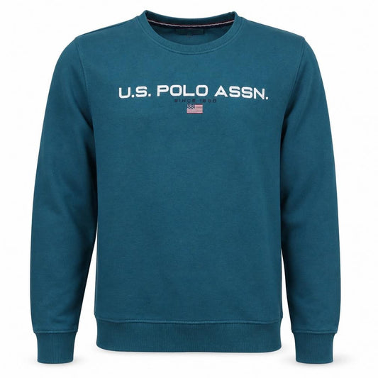 Front view of U.S. Polo Assn. men’s blue l crew neck logo pullover sweatshirt