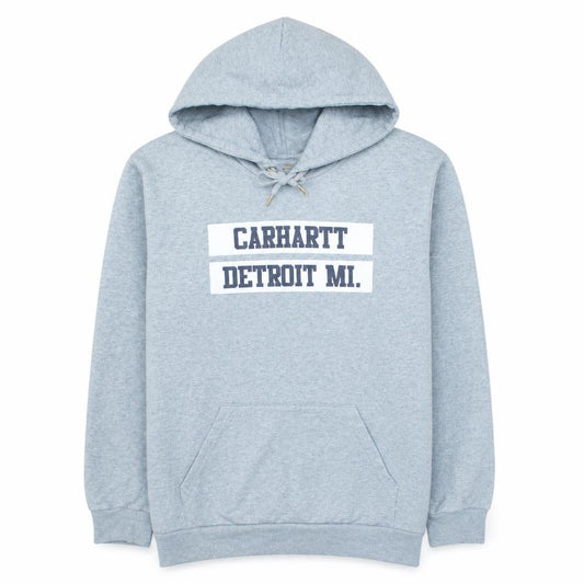Front view of Carhartt Men’s Grey Pullover Hoodie M Graphic Logo Detroit MI