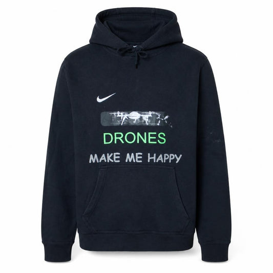 Front view of Nike men’s black medium pullover hoodie drones make me happy graphic