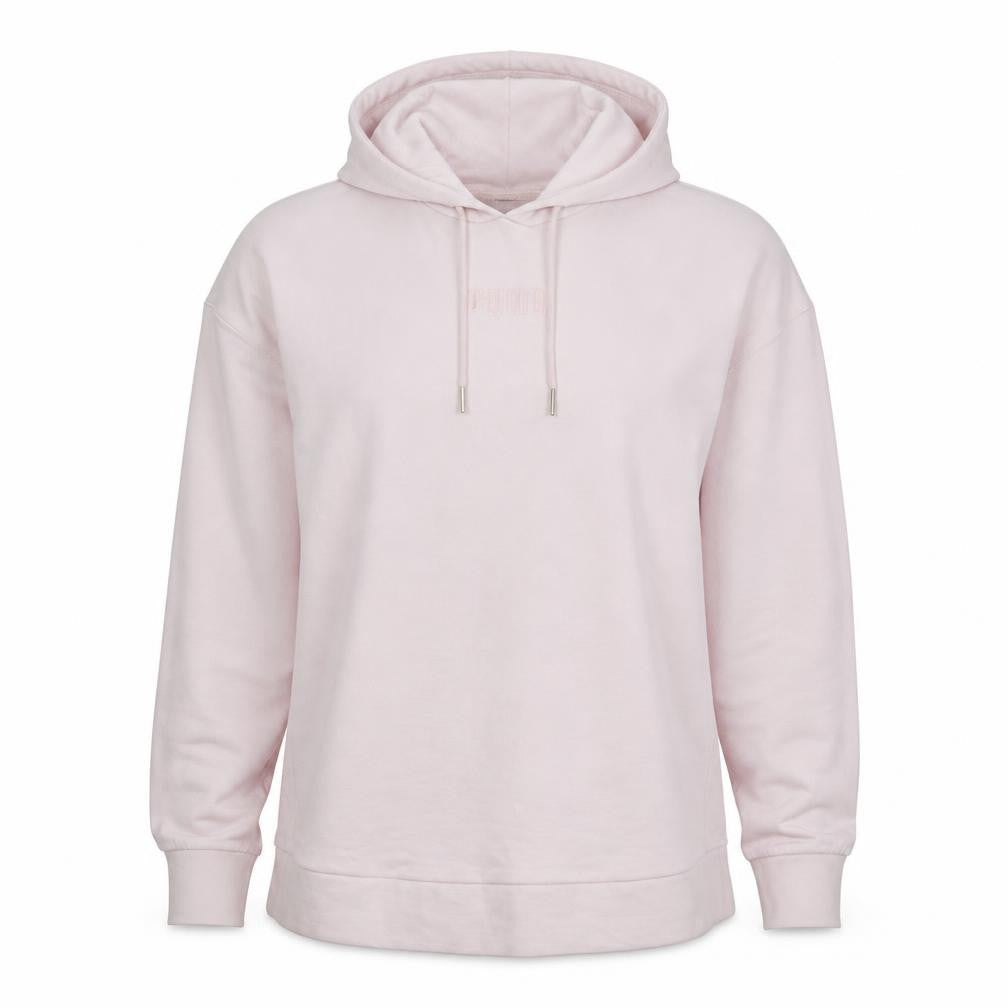 Front view of Puma women’s pink pullover hoodie medium cotton embroidered logo casual