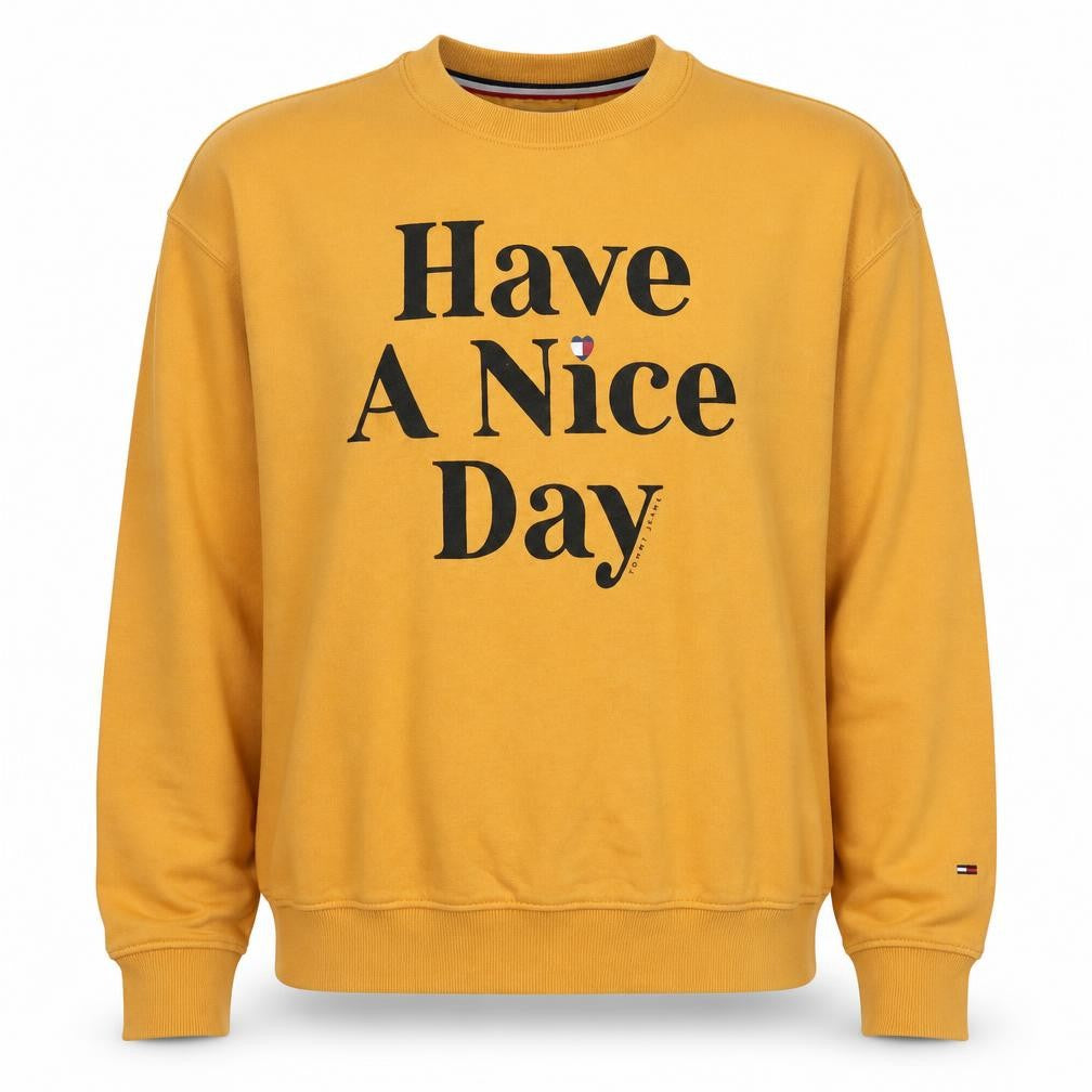 Front view of Tommy Jeans men’s yellow graphic pullover sweatshirt l regular fit