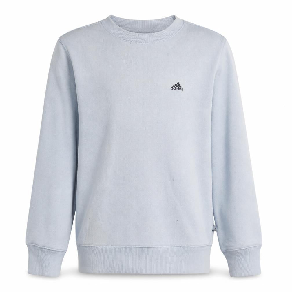 Front view of Adidas boys’ light blue crew neck pullover sweatshirt, size 164