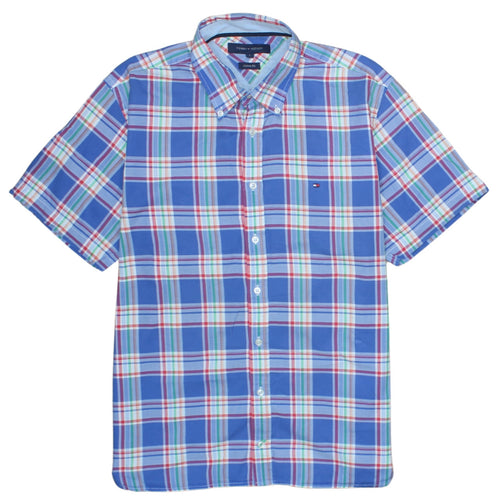 Tommy Hilfiger Men's Blue Plaid Cotton Short Sleeve Shirt L Slim Fit