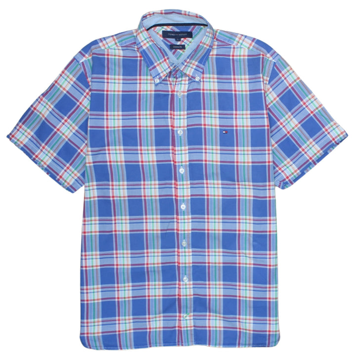 Tommy Hilfiger Men's Blue Plaid Cotton Short Sleeve Shirt L Slim Fit