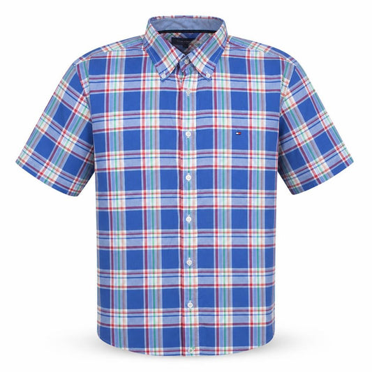 Front view of Tommy Hilfiger Men's Blue Plaid Cotton Short Sleeve Shirt L Slim Fit