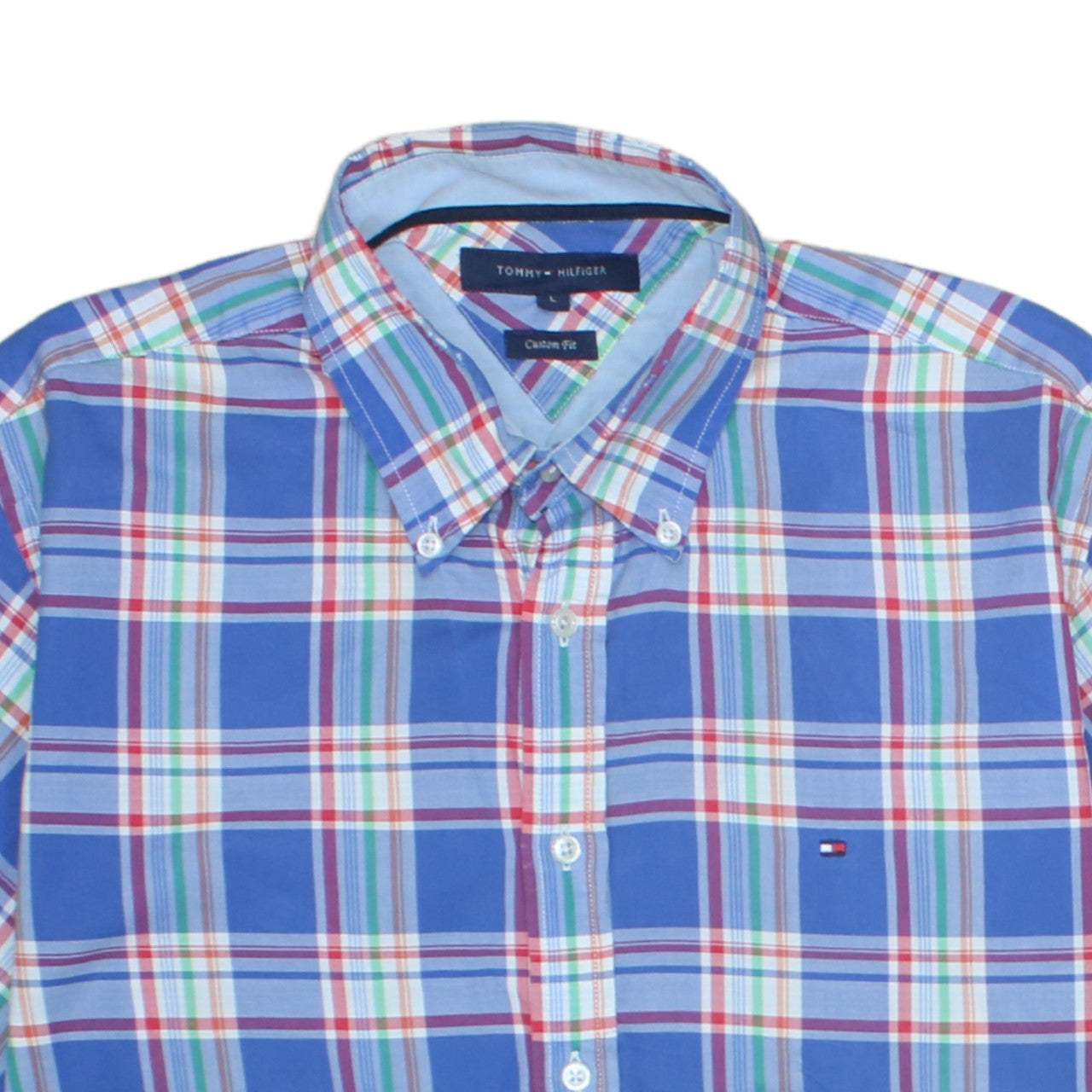 Tommy Hilfiger Men's Blue Plaid Cotton Short Sleeve Shirt L Slim Fit
