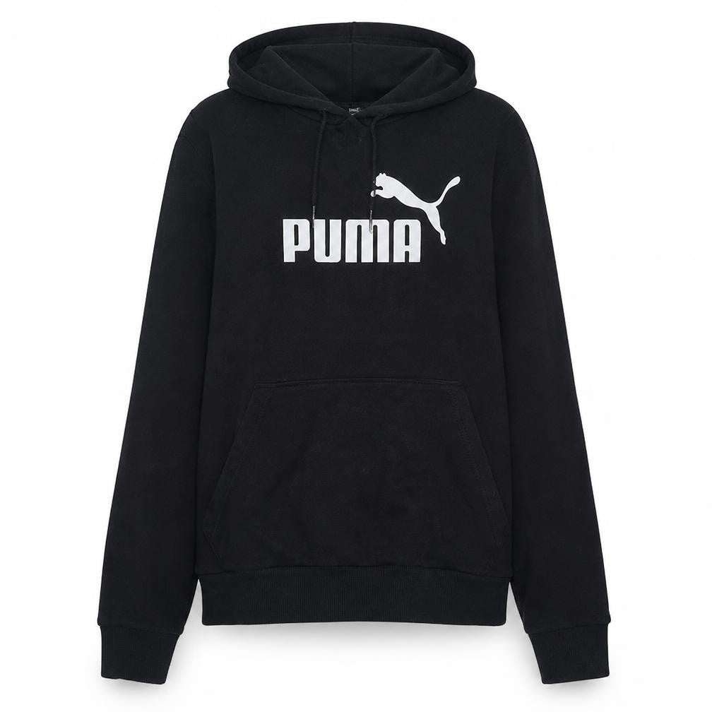 Front view of Puma women’s black pullover hoodie, size M, graphic print logo