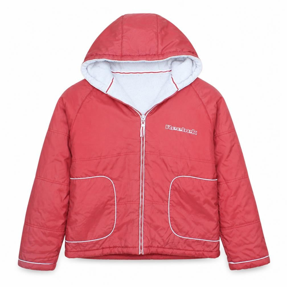 Front view of Reebok women’s red hooded puffer jacket l full zip winter coat