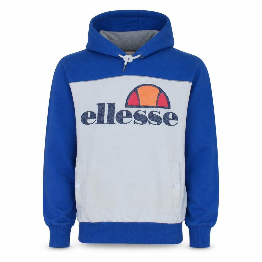 Front view of Ellesse Men's Blue Pullover Hoodie, size S, Retro Logo Sportswear