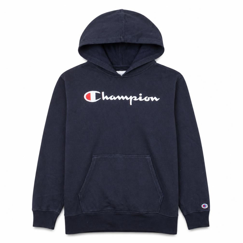 Front view of Champion boys’ navy blue pullover hoodie, size 12-13 l, cotton blend